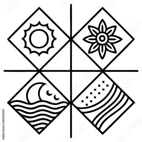 Four seasons graphic icon with sun, flower, wave, and star symbols, isolated 