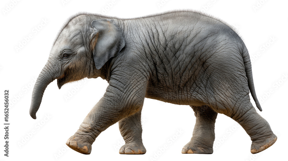 Fototapeta premium Elephant Calf on the Move: This charming image showcases a delightful young elephant, captured in a photorealistic style, as it strides forward with confident steps, ready to explore the world.