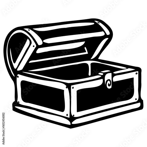 Open treasure chest illustration, an empty wooden box with a pirate theme, symbolizing wealth and discovery
