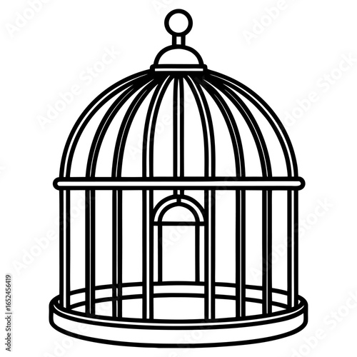 Vintage ornate birdcage illustration with bars, door, and perch