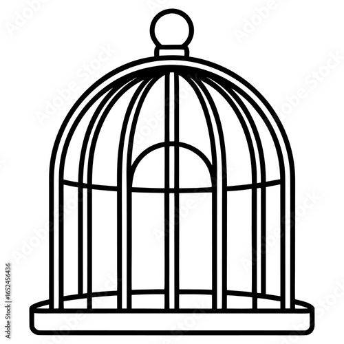 Simple outline illustration of an empty birdcage with a classic dome shape and ornate bars
