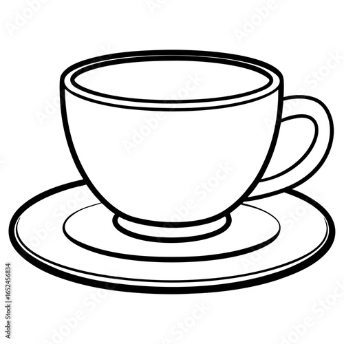Simple outline drawing of a coffee cup and saucer, perfect for cafe or