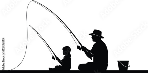 Silhouette of adult and child fishing, sitting on ground, fishing rods extended, black and white vector, bonding moment, outdoor activity, bucket, peaceful scene