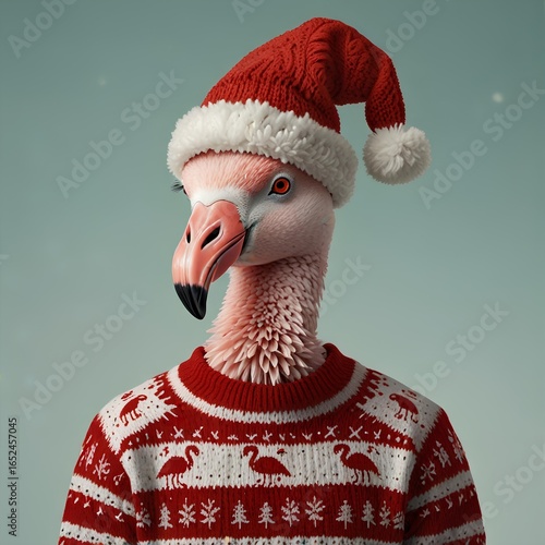 Pink flamingo in a red and white sweater with a Christmas hat on its head. Merry Christmas and New Year theme.