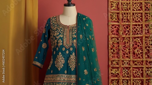 Teal embroidered salwar kameez on a mannequin with a matching dupatta and decorative background