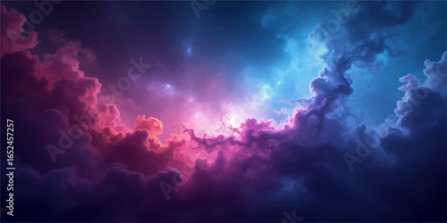 Dark, dramatic storm clouds gather across a vast, blue summer sky with a brilliant sun