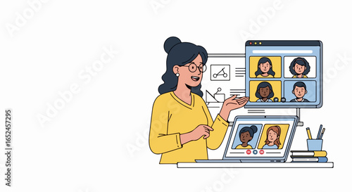 Engaging teacher leads online class with diverse students on video call