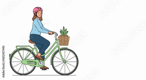 Active woman cycles with plant in basket, enjoying a healthy urban commute