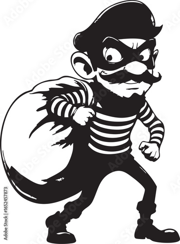 Sly Cartoon Burglar: A Sneaky Character with a Mask, Striped Shirt, and Bag of Loot

