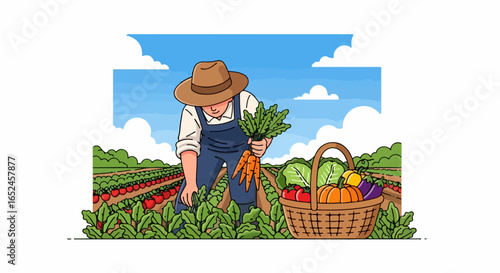 Farmer harvesting fresh produce in sunny field, basket full of vegetables
