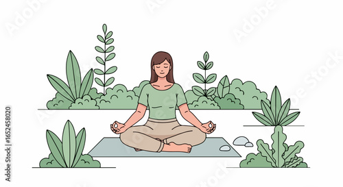 Woman meditating peacefully amidst lush green foliage, finding inner calm