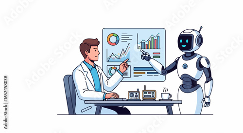 Man and robot collaborate on data analysis, discussing growth charts in modern office