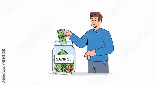 Man confidently deposits cash into savings jar, building financial future