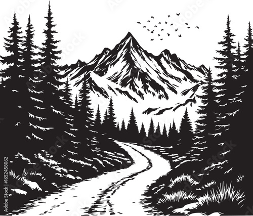 Mountain Path Landscape: A Winding Road through a Pine Forest towards a Majestic Mountain

