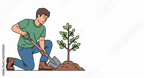 Man planting young tree in soil, nurturing nature and growth