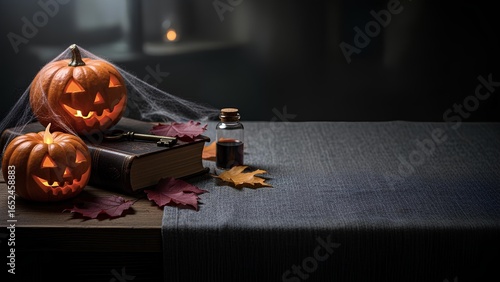 Spooky Halloween pumpkins and old book on dark table with autumn leaves