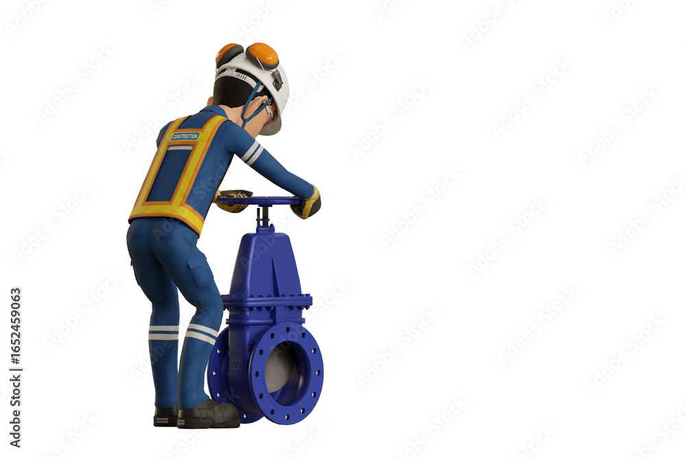 Obraz premium Industrial worker operating gate valve on transparent background