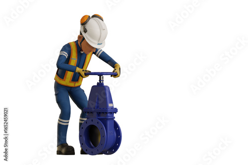 Industrial worker operating gate valve on transparent background