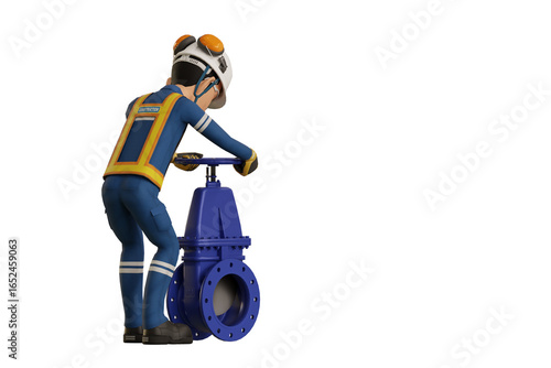 Industrial worker operating gate valve on transparent background