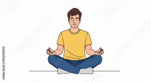 Young man finding peace meditating in comfortable seated position with eyes closed