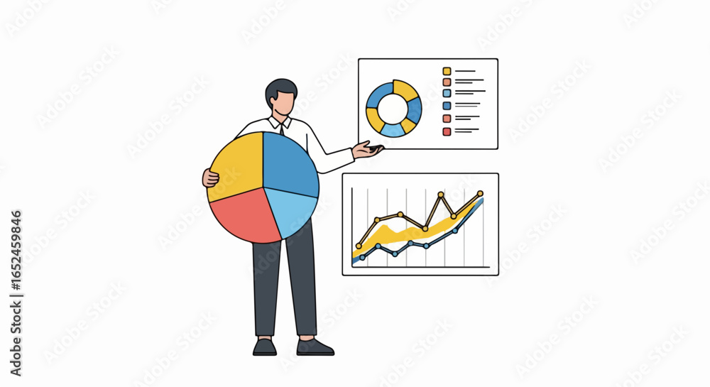 Fototapeta premium Confident businessman presents data insights with pie chart and line graph