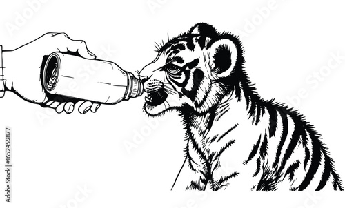 Cute baby lion drinking milk from a feeder bottle, animal care and wildlife illustration in sketch art style