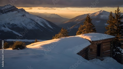 A lone cabin on a snowy mountain cliff, warm light glowing from the window, evoking mystery, survival, and hidden stories 3