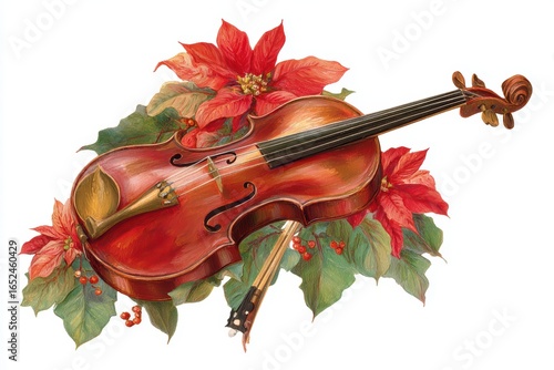 Vintage Christmas violin decorated with red poinsettia flowers and green leaves, retro illustration with white background, festive musical instrument concept.