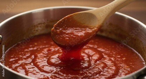 Wooden spoon stirring rich red tomato sauce in a stainless steel pot, cooking delicious homemade food