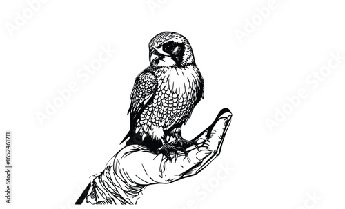 Beautiful bird sitting on a human hand, black and white sketch showing trust and human connection with nature