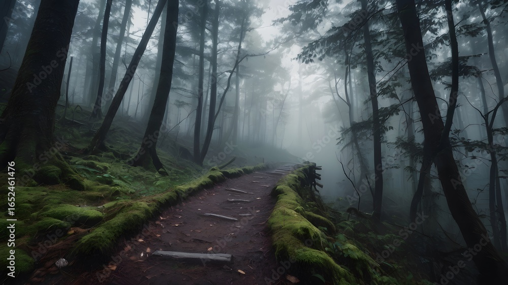 Obraz premium A mysterious path disappearing into a foggy forest, inviting adventure and suspense