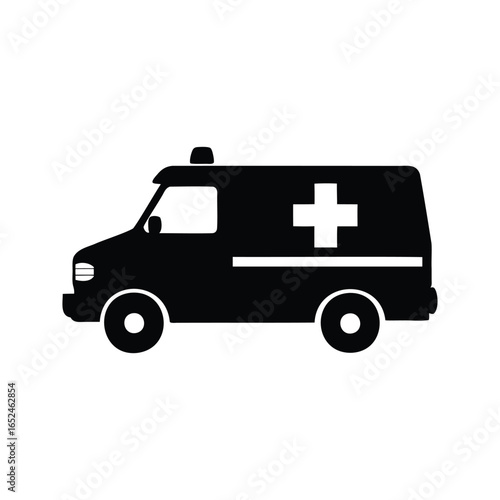 Black and white ambulance icon representing emergency healthcare and assistance