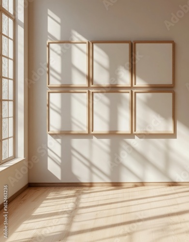 Six Empty Square Wooden Frames On A White Wall In A Sunlit Room