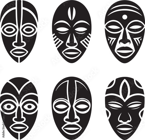 Six African tribal masks primitive cultural art icons on white background vector illustration