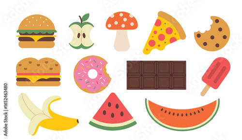 Flat cartoon style food icons including burgers pizza donut cookie chocolate and fruit illustration