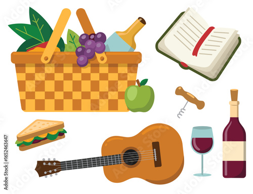 Flat cartoon picnic items including basket guitar wine book sandwich apple and corkscrew vector