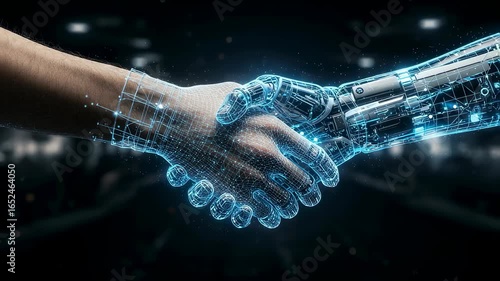Man and robot hand engage in handshake symbolizing artificial intelligence trust and collaboration. Digital innovation technology footage.