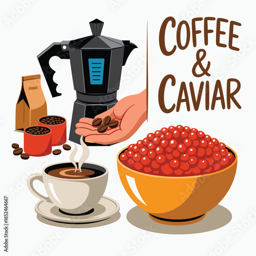 Coffee and Caviar illustration with Moka Pot and Coffee Beans coffee cup