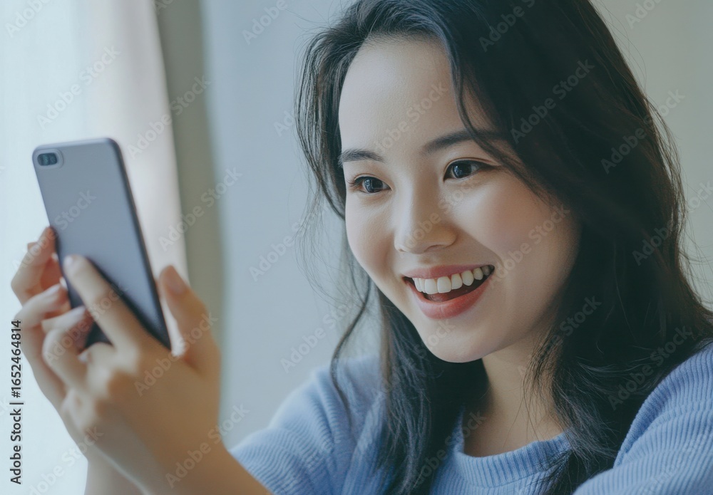 Smiling Young Woman Using Mobile Phone Near Window Smiling Young Woman Using Mobile Phone Near Window