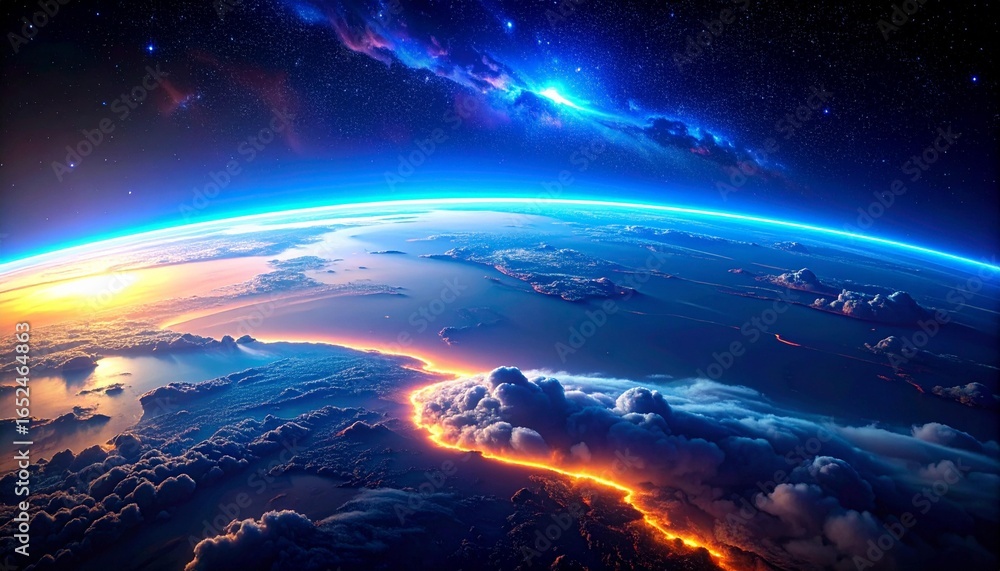 Fototapeta premium A stunning view of Earth from space, showcasing the planet's majestic curvature with a golden streak of light marking the horizon at sunrise or sunset. Thick clouds cover the sky