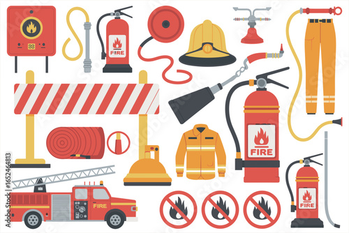 Firefighter equipment and safety symbols flat design illustration on white background vector