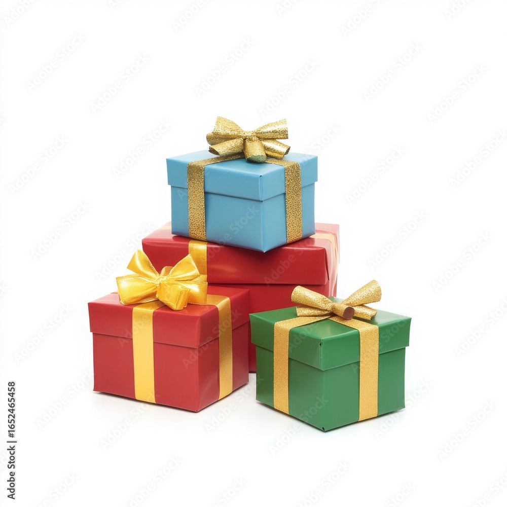 Obraz premium Stack Of Colorful Gift Boxes With Gold Ribbons On A White Background