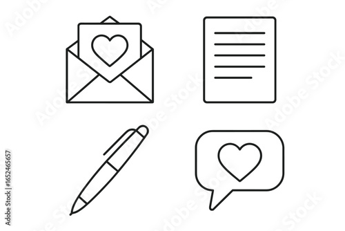 Love-themed icons: envelope, heart, pen, speech bubble, document
