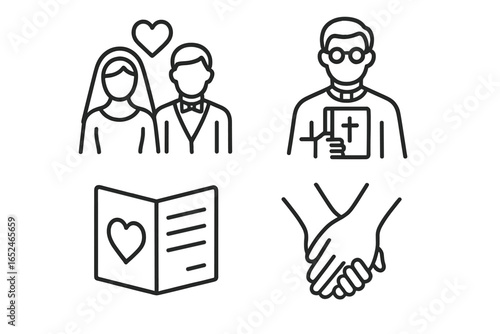 Wedding symbols: couple, priest, invitation, holding hands