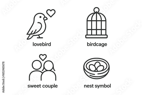 Lovebird and birdcage icons with sweet couple and nest symbol illustrations