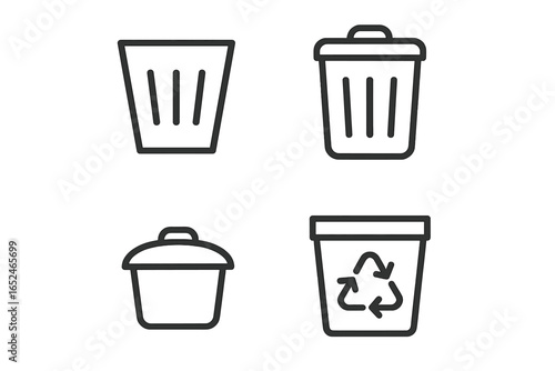 Set of garbage and recycling bin icons with simple line design