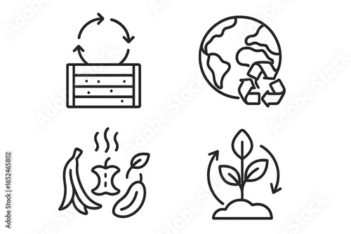 Eco-friendly icons: composting, recycling, food waste, sustainable plants