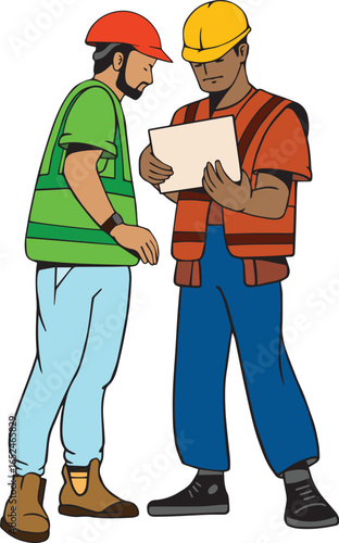 A vector illustration of an engineer at a construction site, wearing a safety helmet and holding documents, explaining or describing the work site. 

