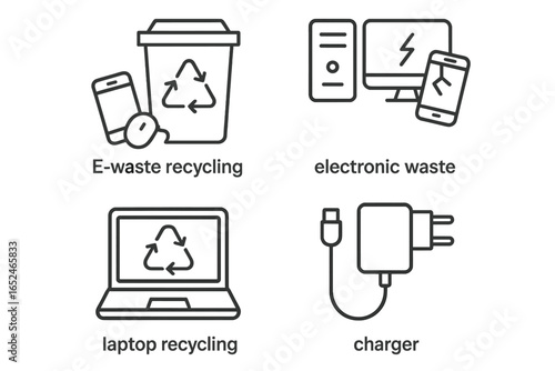 E-waste recycling process with electronics and charger icons
