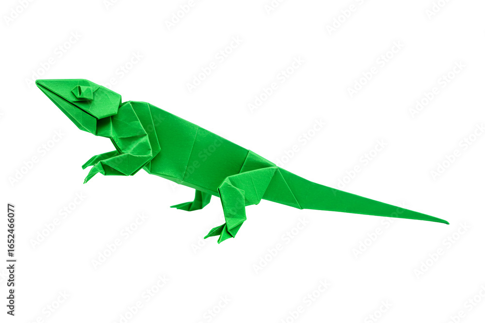 Fototapeta premium Vibrant green origami lizard artfully crafted with intricate folds, perfect for creative projects